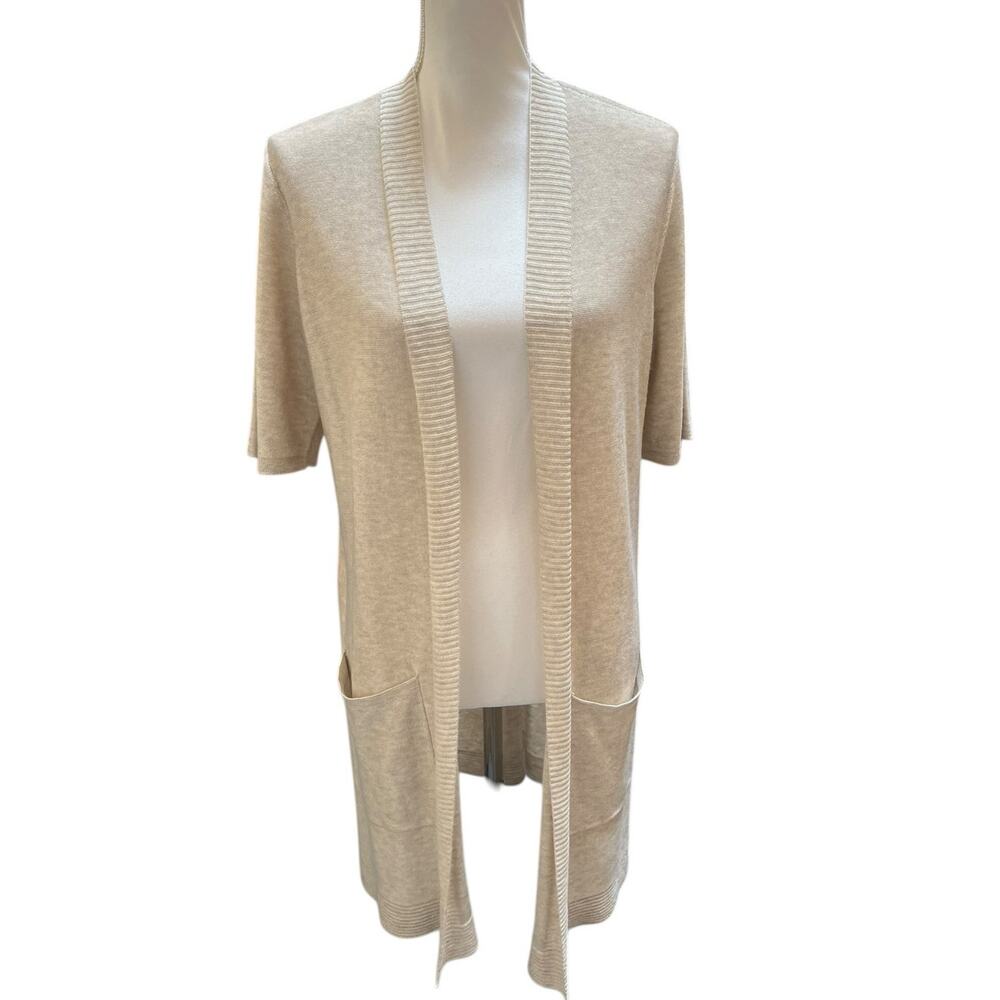 Eileen Fisher Merino Wool Tencel Cardigan S Beige Open Front Short Sleeve Duster - Picture 2 of 6